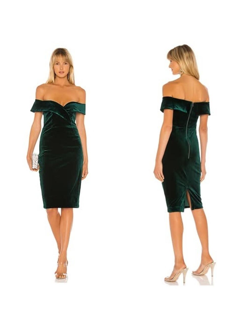[Bardot] Emerald Green Velvet Off The Shoulder Bella Sheath Midi Dress Small 6
